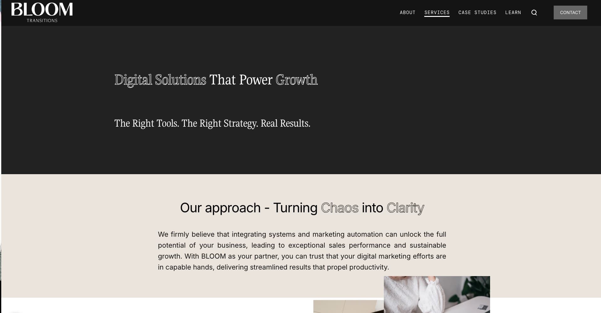 The old BLOOM Transitions website on HubSpot CMS